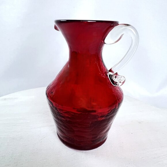Handblown Hamon Small Pitcher Vintage Ruby Red Crackle Glass 4 1/2" - Picture 1 of 11